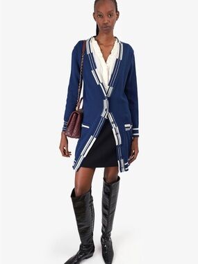 CHANEL 2019 Navy Cardigan/Dress with White Trim 34 S